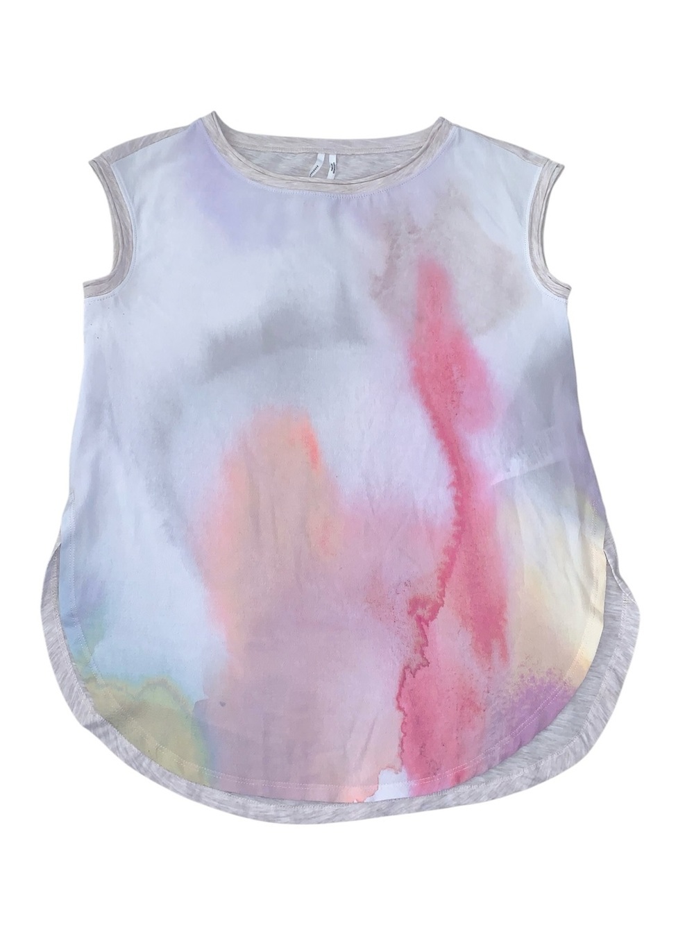 Anthropologie Watercolor Mixed Media Top XS Pink Abstract Curved Hem Blouse